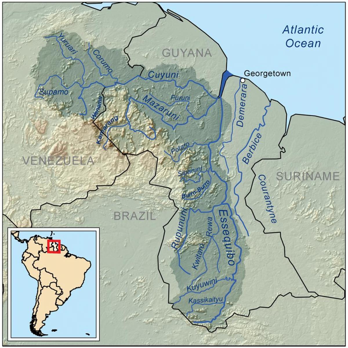 mapa de la Guaiana mostrant els tres rius principals