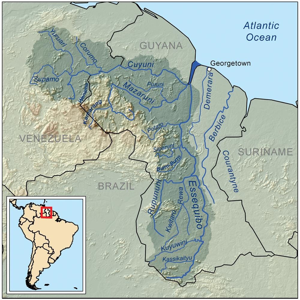 mapa de la Guaiana mostrant els rius